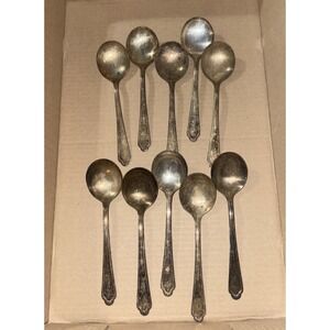 10 Vintage Cunningham Silver Plate Round Soup Gumbo Spoon Spoons Set Tarnished